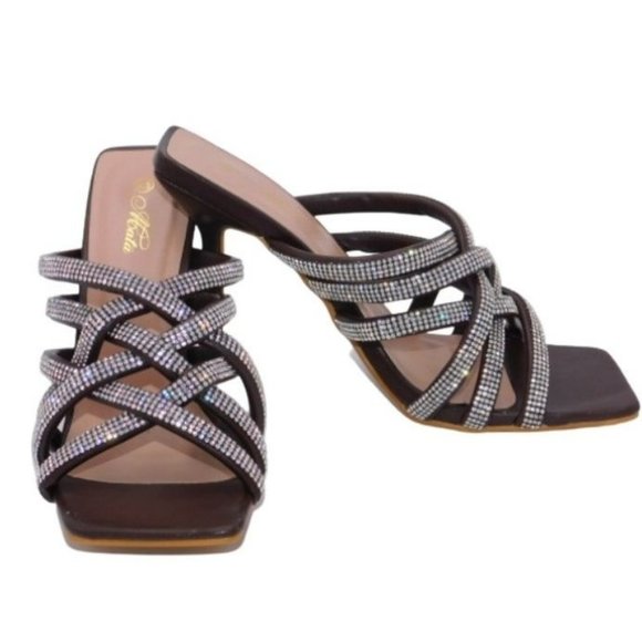Mata Women's Braided Clear Rhinestone Slip On High Heel Sandals - Picture 1 of 4
